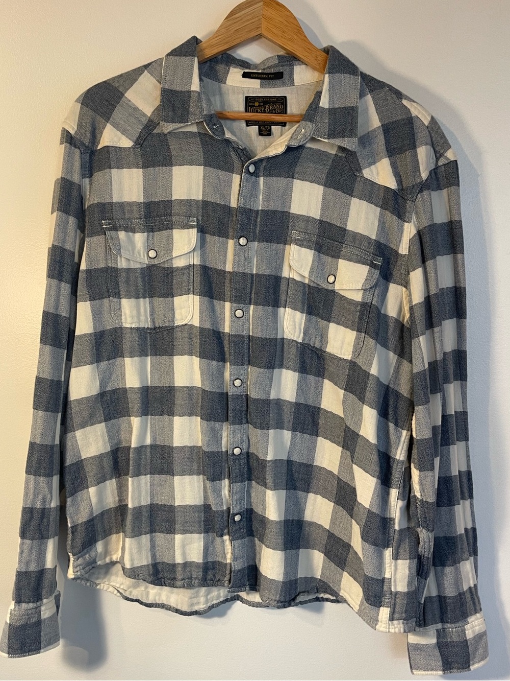 Lucky Brand Blue White Buffalo Plaid Untucked Pearl Snap Shirt XL